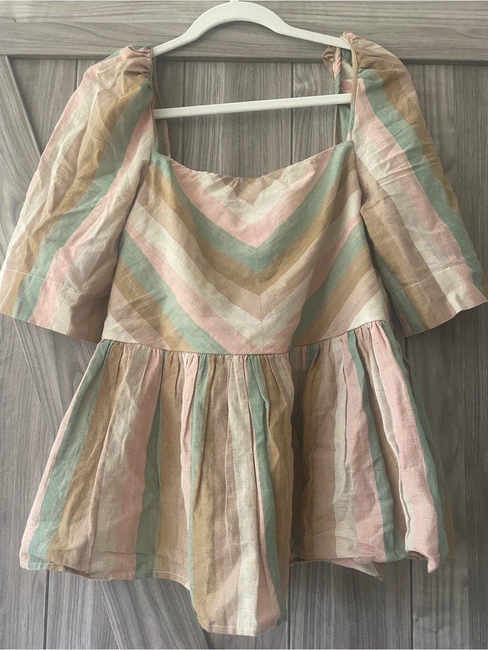 Mirth Striped Puff Sleeve Peplum Blouse - Pastel Pink, Mint & Tan